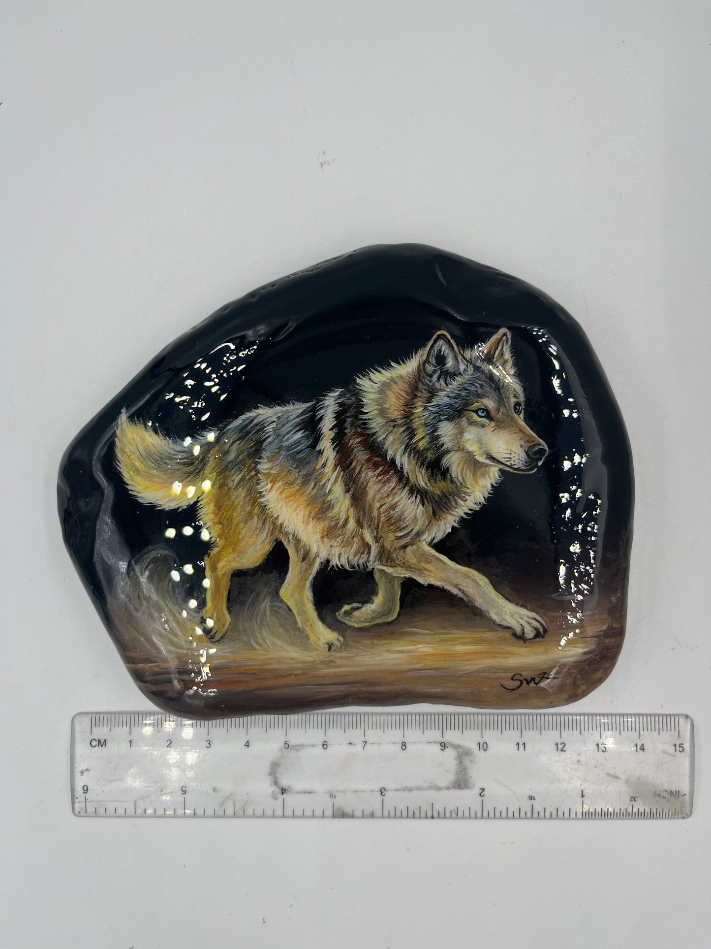 Einzigartig handbemalte /Ein rennender Wolf/inklusive Tischstaffelei