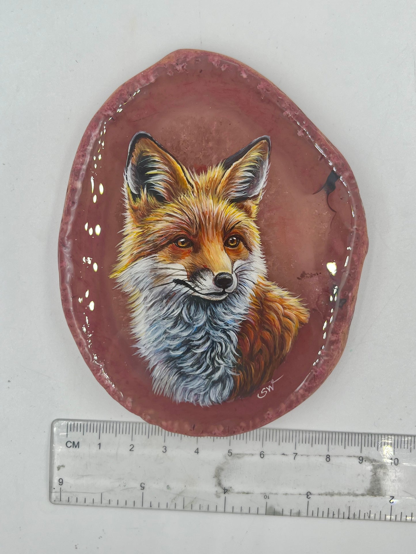 Einzigartige bemalt Achatscheibe/Der Fuchs /Hand bemalt /Deko/Tierpotrait/ink.Metallständer