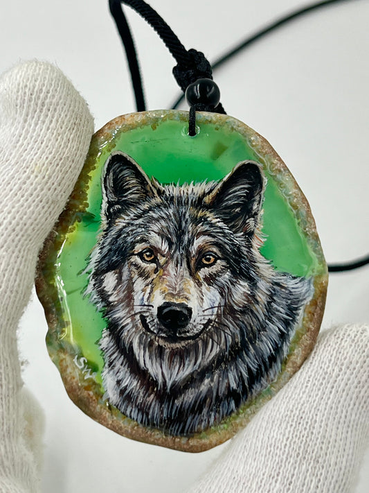Einzigartige Anhänger /der Wolf/Achat/Hand bemalt