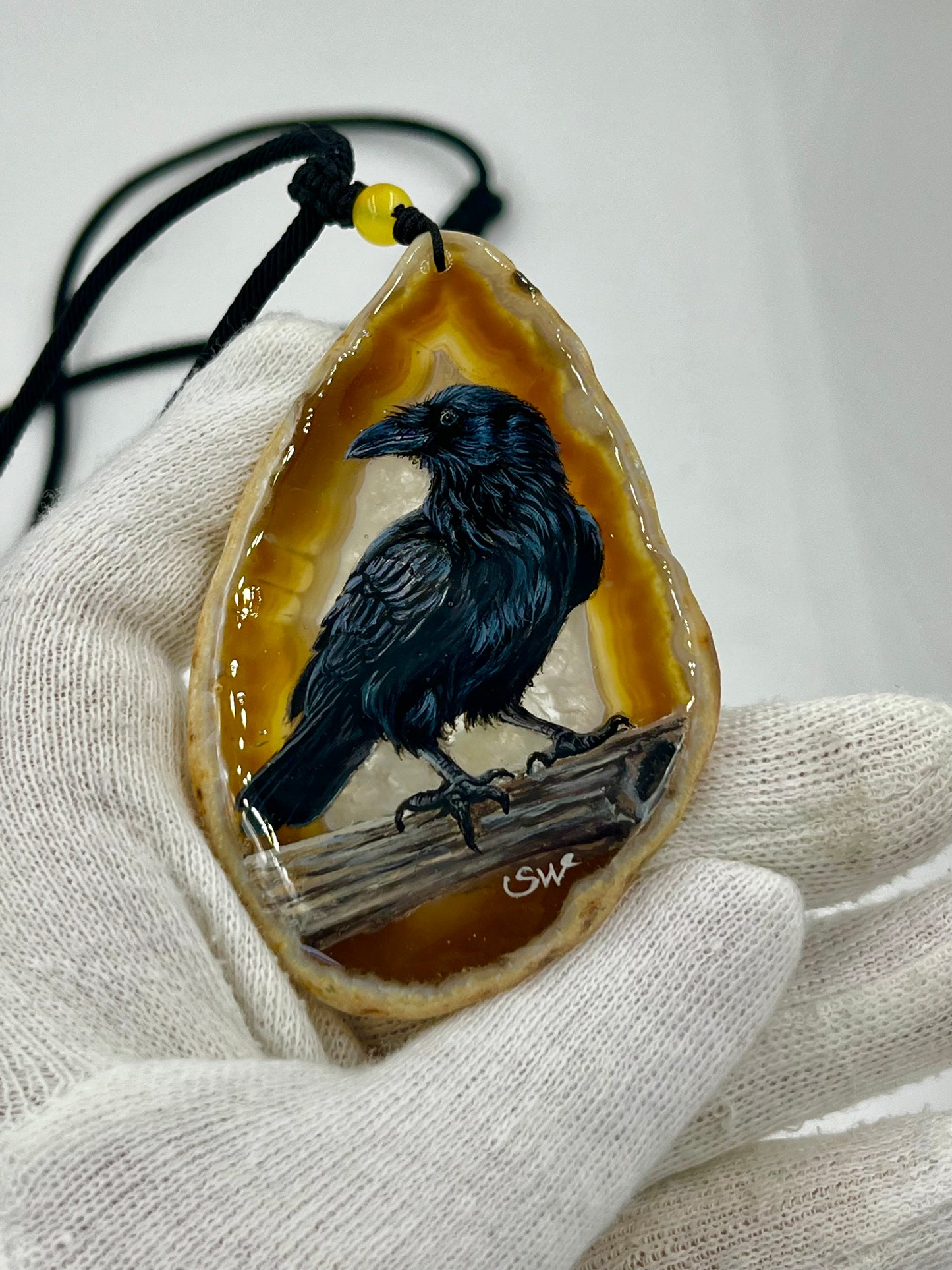 Einzigartige Anhänger /Die Krähe/Achat/Hand bemalt Juwelen und tragbare Kunst /Natur Schmuck