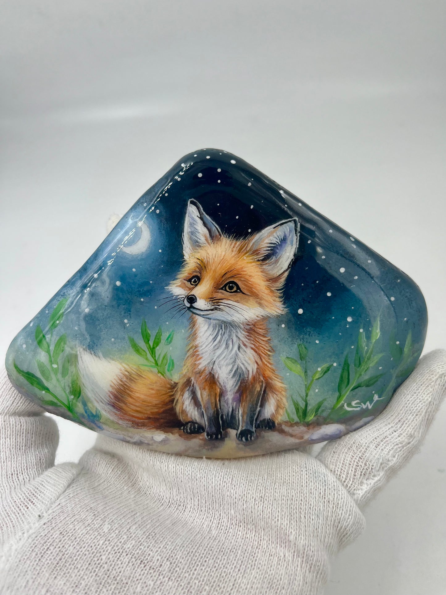Einzigartig handbemalte Stein-der Fuchs/inklusive Tischstaffelei