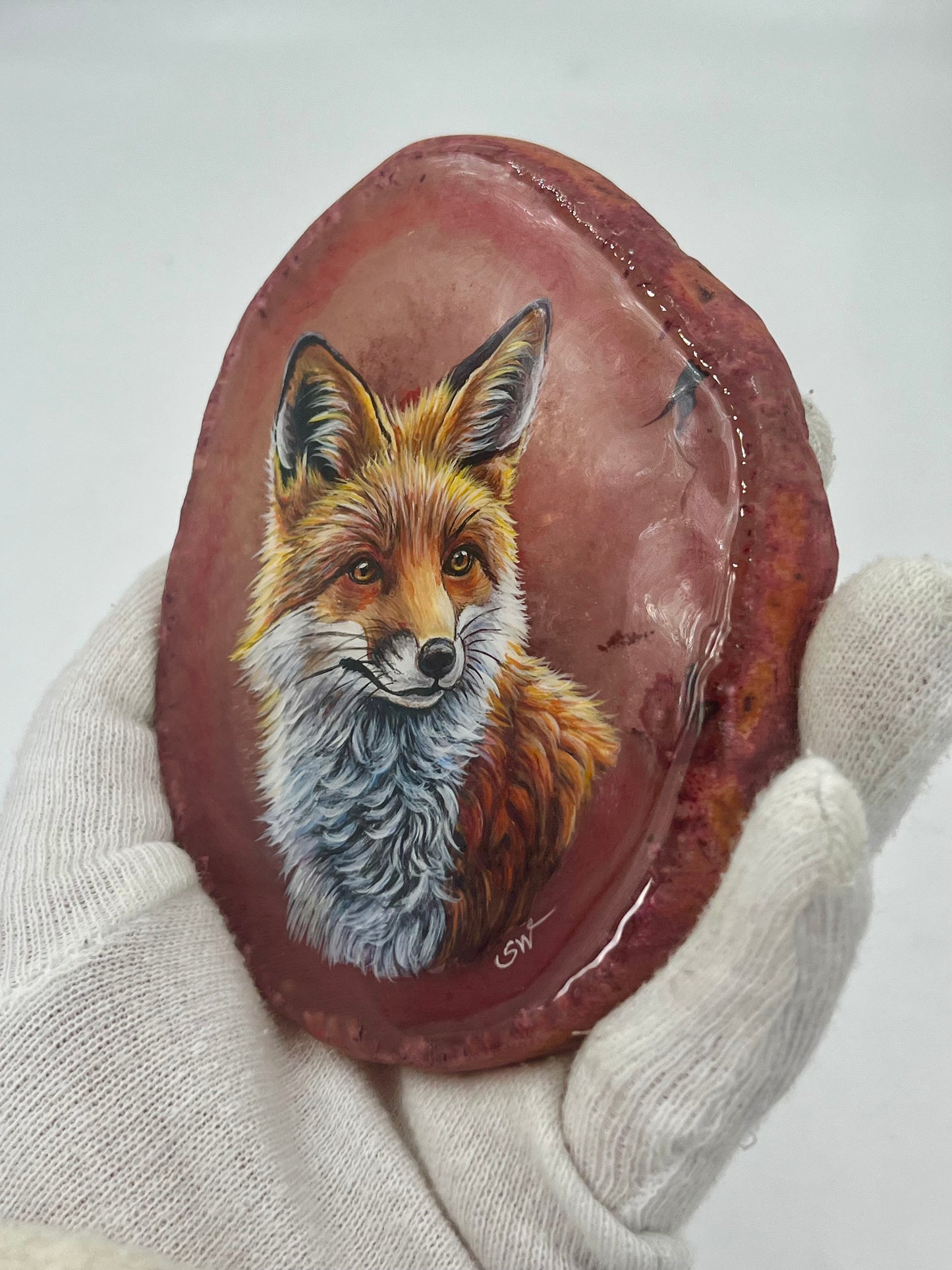 Einzigartige bemalt Achatscheibe/Der Fuchs /Hand bemalt /Deko/Tierpotrait/ink.Metallständer