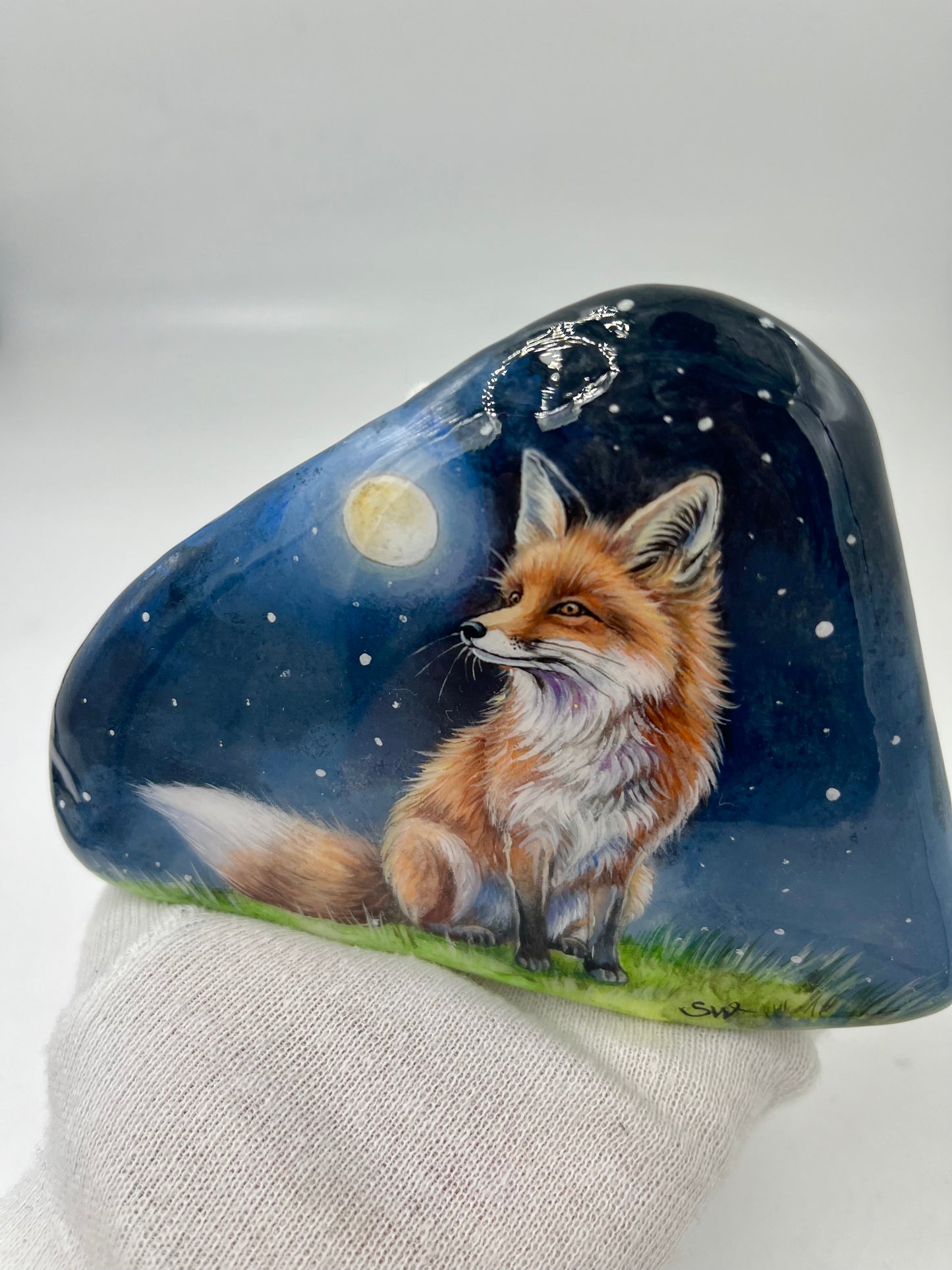 Einzigartig handbemalte Stein-der kleine Fuchs-inklusive Tischstaffelei