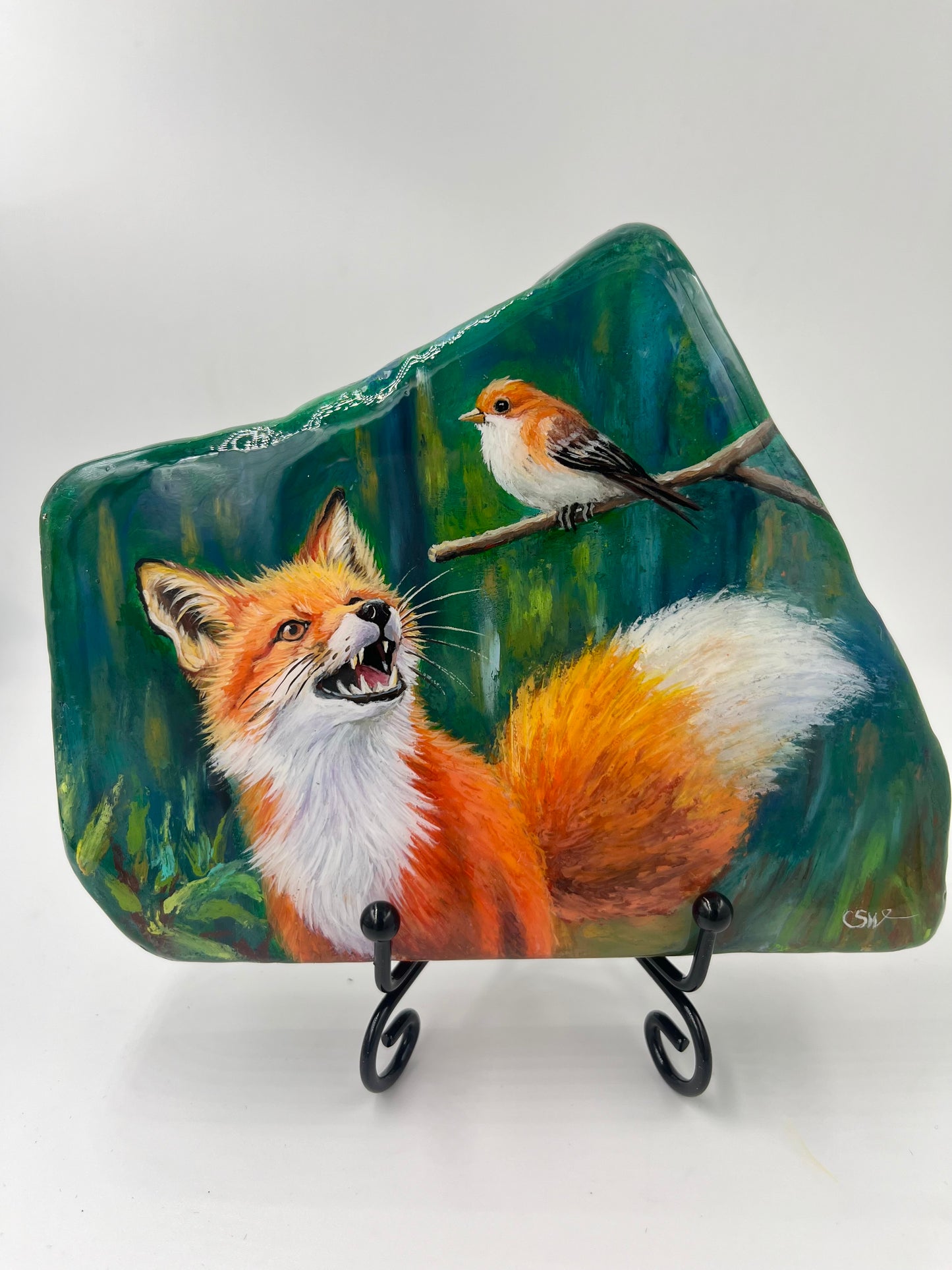 Einzigartig handbemalte Stein/der Fuchs und der Vogel /inklusive Tischstaffelei