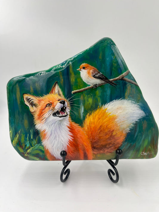 Einzigartig handbemalte Stein/der Fuchs und der Vogel /inklusive Tischstaffelei