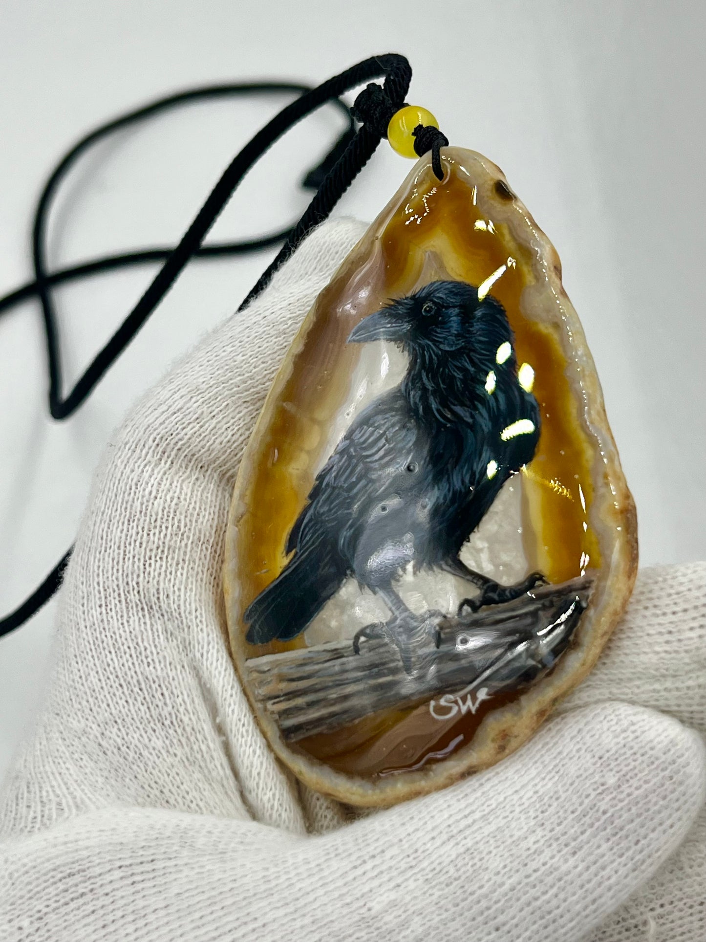 Einzigartige Anhänger /Die Krähe/Achat/Hand bemalt Juwelen und tragbare Kunst /Natur Schmuck