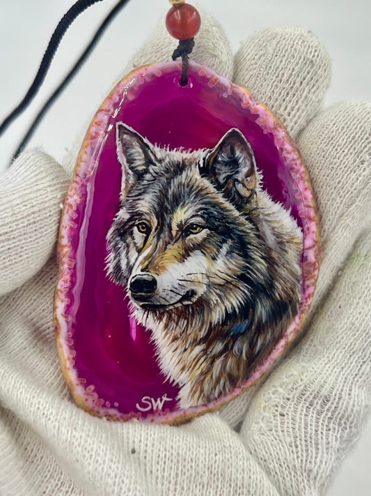 Einzigartige Anhänger /der Wolf/Achat/Hand bemalt