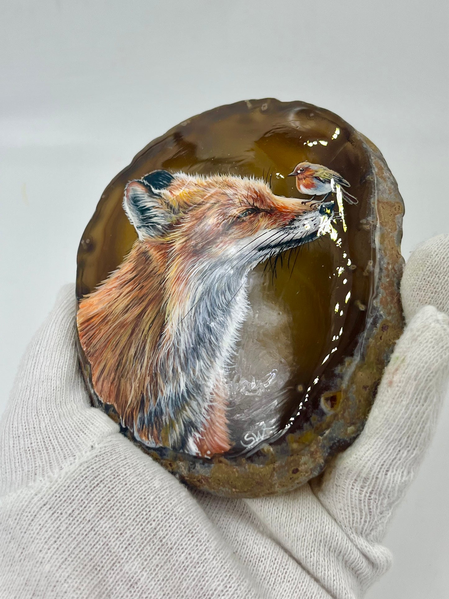 Einzigartige bemalt Achatscheibe/der Fuchs und der Vogel/Hand bemalt /Deko/Tierpotrait/ink.Metallständer