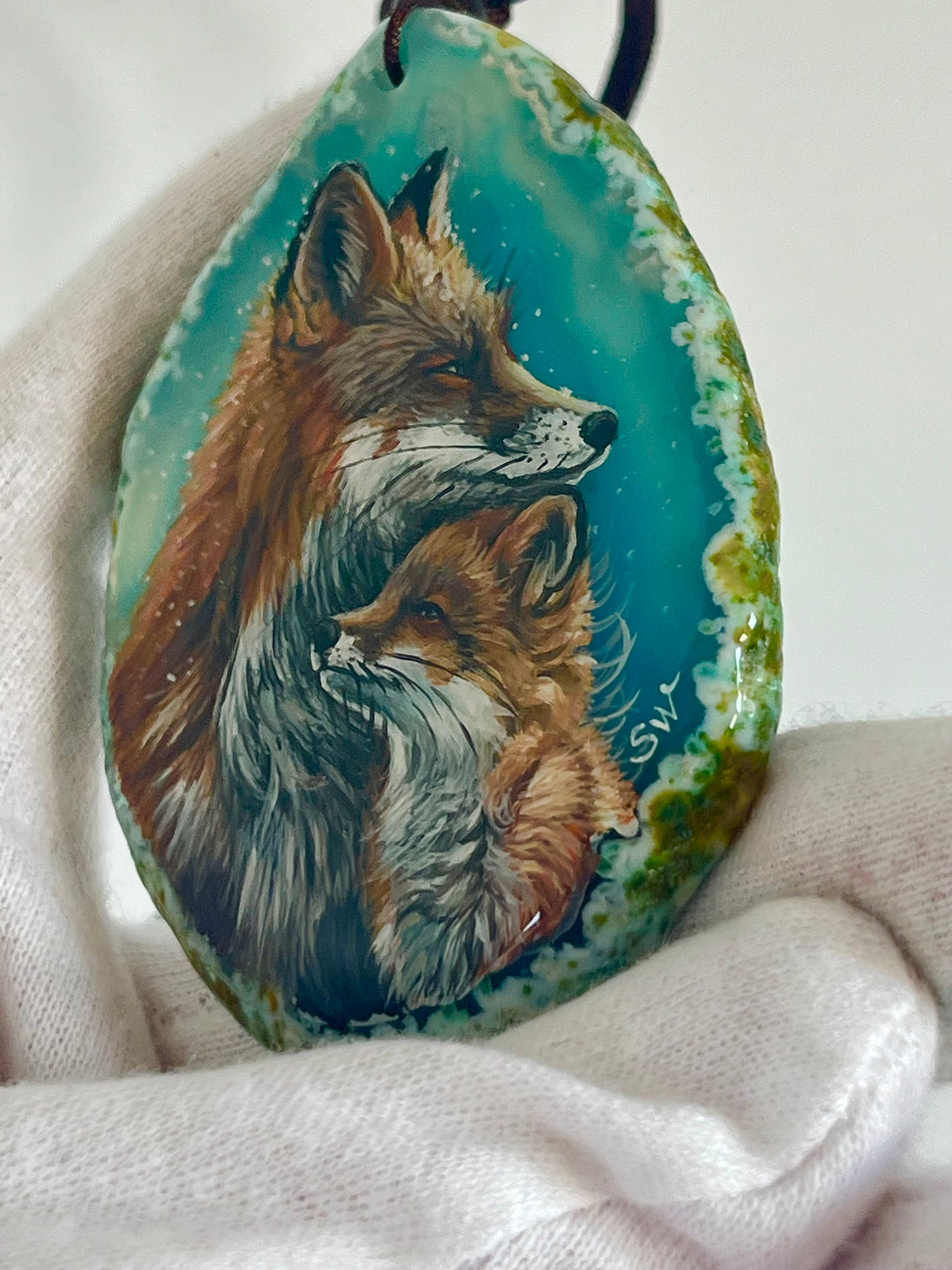 Einzigartige Anhänger /Der FuchsMama und Kind/Achat/Hand bemalt Juwelen und tragbare Kunst /Natur Schmuck