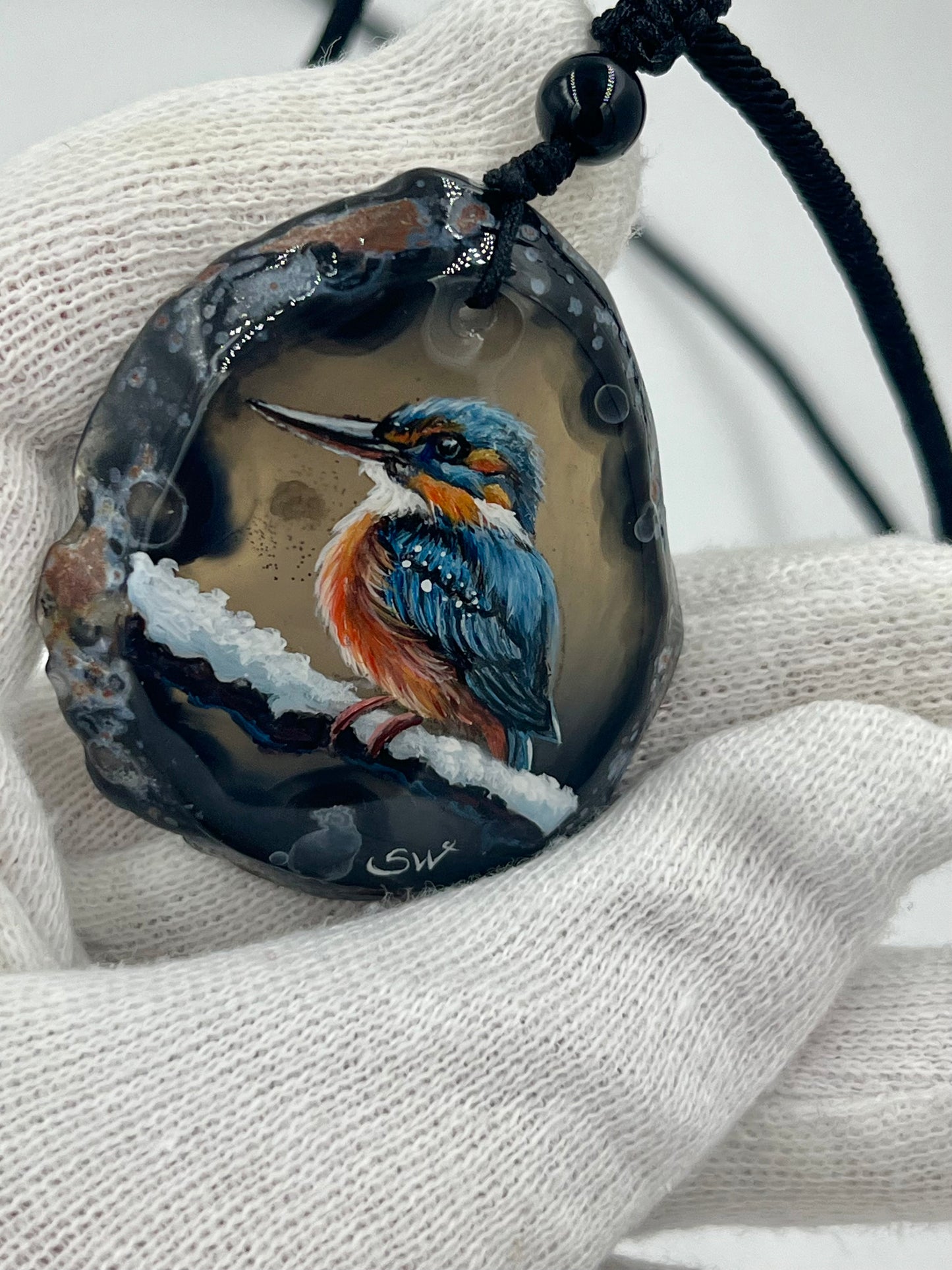 Einzigartige Anhänger /Der Eisvogel/Achat/Hand bemalt Juwelen und tragbare Kunst /Natur Schmuck