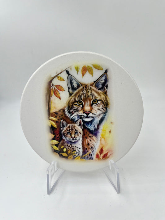 Keramikuntersetzer/ Luchs Mama und Kinder / Keramik Dolomit und Kork/ Kunstdruck