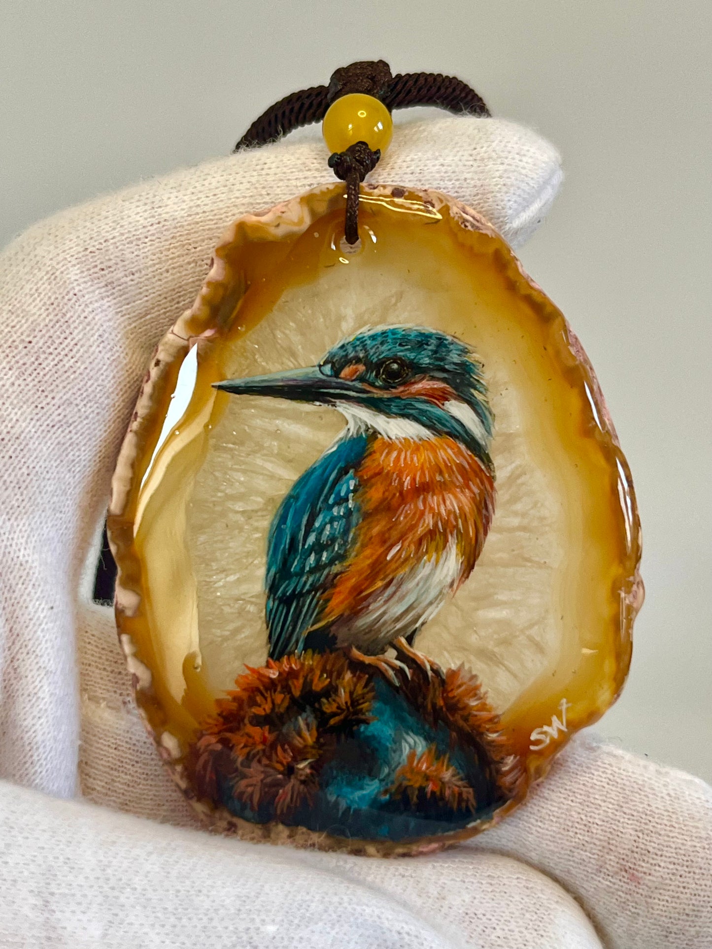 Einzigartige Anhänger /Der Eisvogel/Achat/Hand bemalt Juwelen und tragbare Kunst /Natur Schmuck