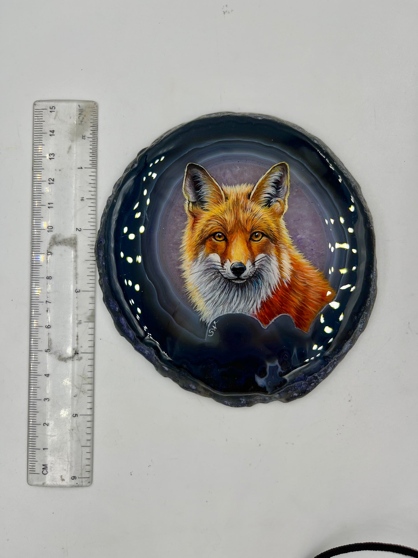 Einzigartige bemalt Achatscheibe/Der Fuchs /Hand bemalt /Deko/Tierpotrait/ink.Metallständer
