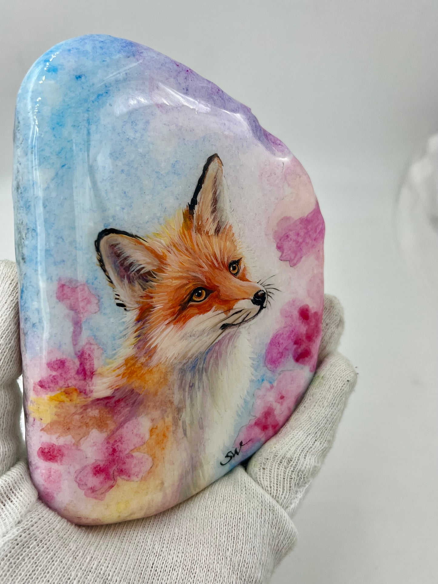 Einzigartig handbemalte Stein-der Fuchs /inklusive Tischstaffelei