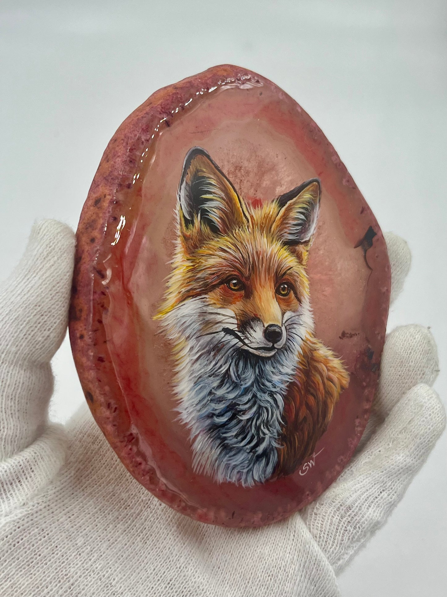 Einzigartige bemalt Achatscheibe/Der Fuchs /Hand bemalt /Deko/Tierpotrait/ink.Metallständer
