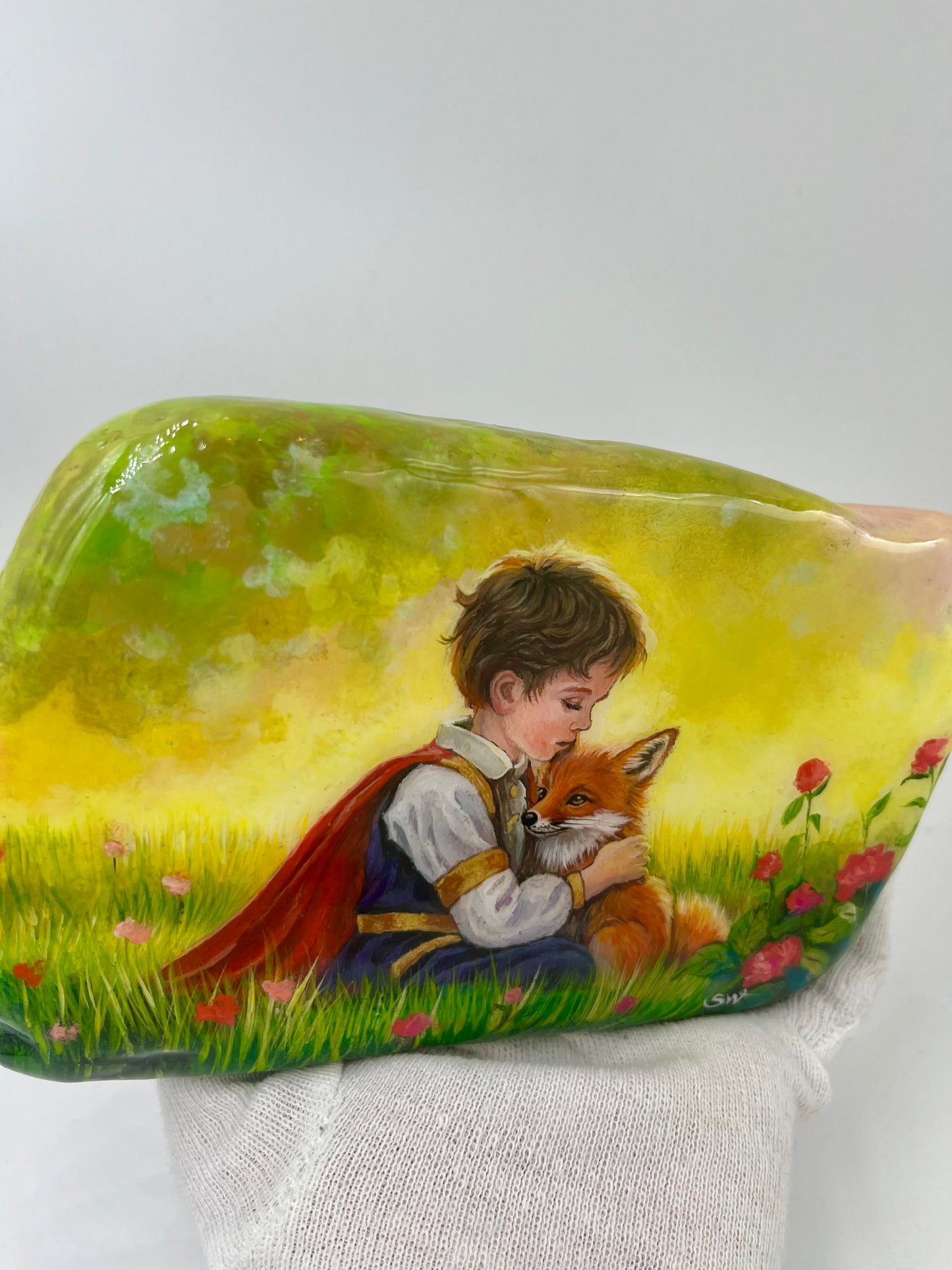 Einzigartig handbemalte Stein/der Der kleine Prinz und der Fuchs /inklusive Tischstaffelei
