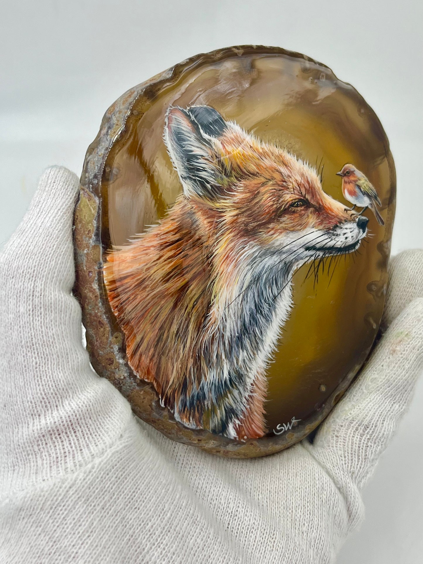 Einzigartige bemalt Achatscheibe/der Fuchs und der Vogel/Hand bemalt /Deko/Tierpotrait/ink.Metallständer