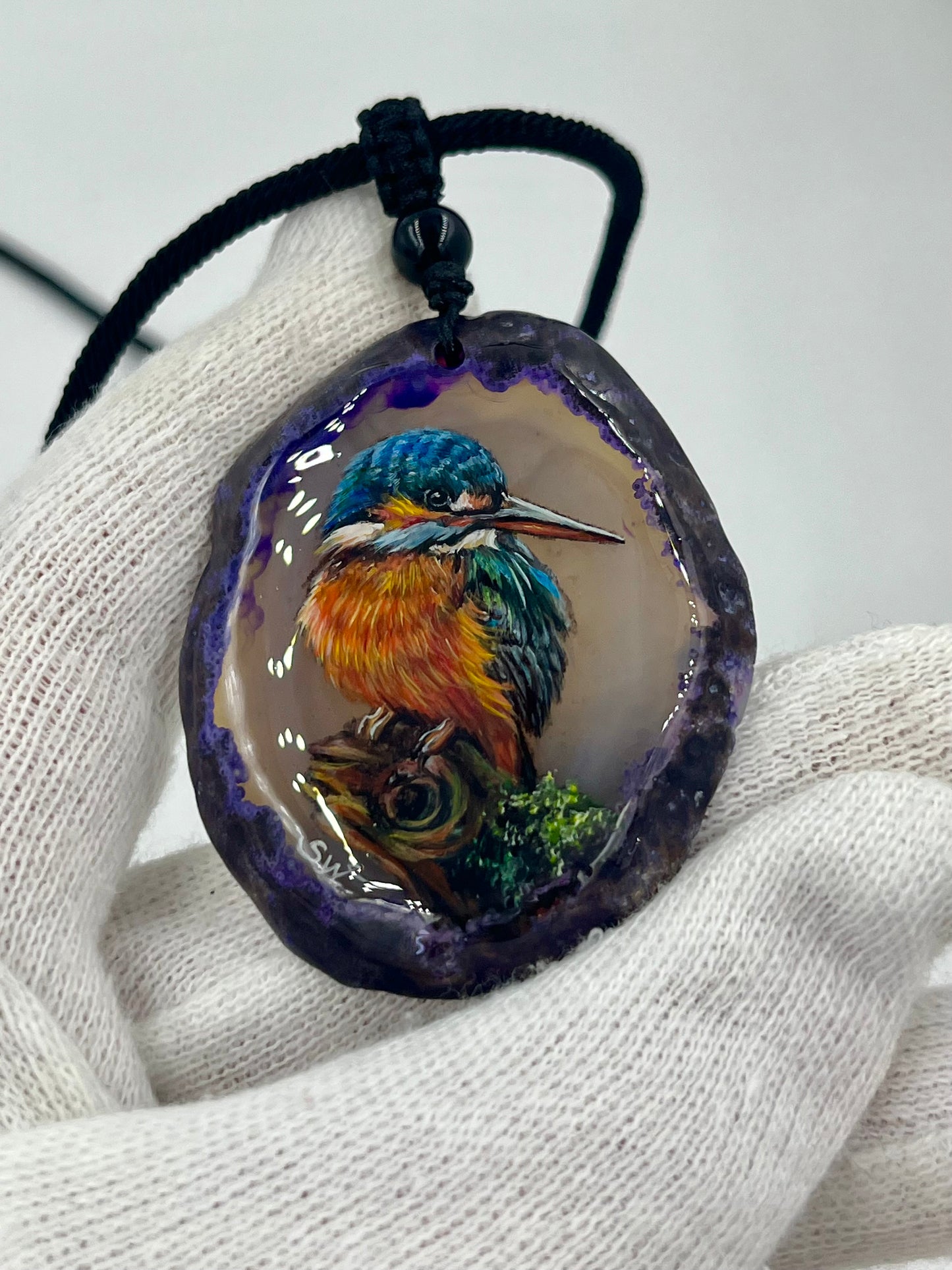 Einzigartige Anhänger /Der Eisvogel/Achat/Hand bemalt Juwelen und tragbare Kunst /Natur Schmuck
