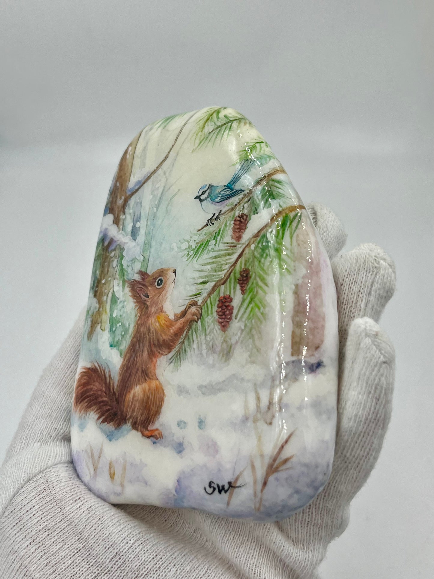 Einzigartig handbemalte Stein/Winterliche Szenerie /inklusive Tischstaffelei