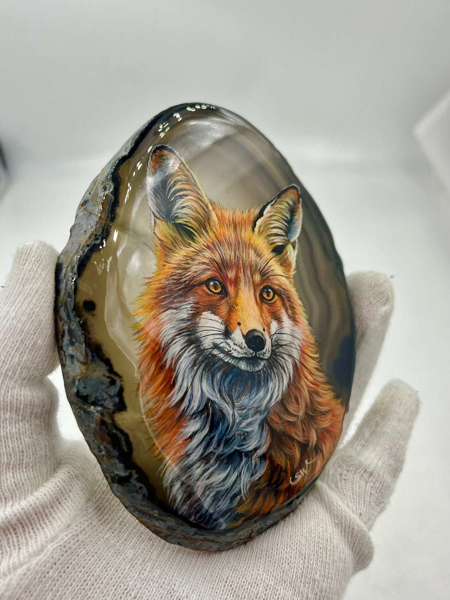 Einzigartige bemalt Achatscheibe/Der Fuchs /Hand bemalt /Deko/Tierpotrait/ink.Metallständer