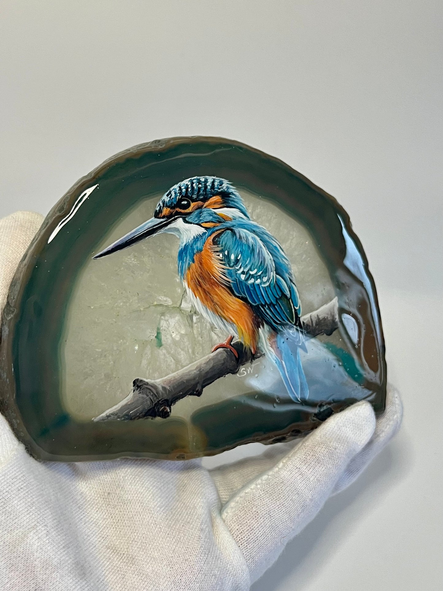 Einzigartige handbemalte Achatscheibe /der Eisvogel/ink.Metallständer