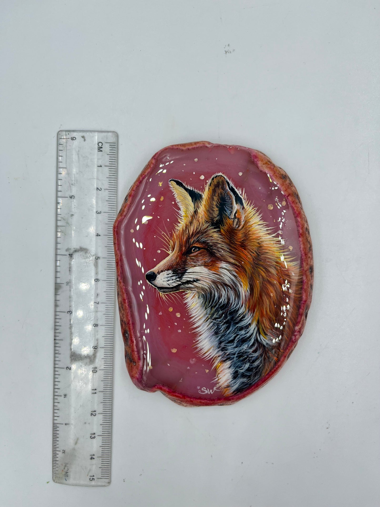 Einzigartige bemalt Achatscheibe/Der Fuchs /Hand bemalt /Deko/Tierpotrait/ink.Metallständer