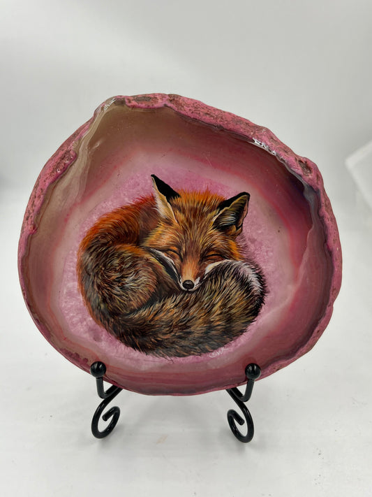Einzigartige bemalt Achatscheibe/ Das schlafende Füchschen /Hand bemalt /Deko/Tierpotrait/ink.Metallständer