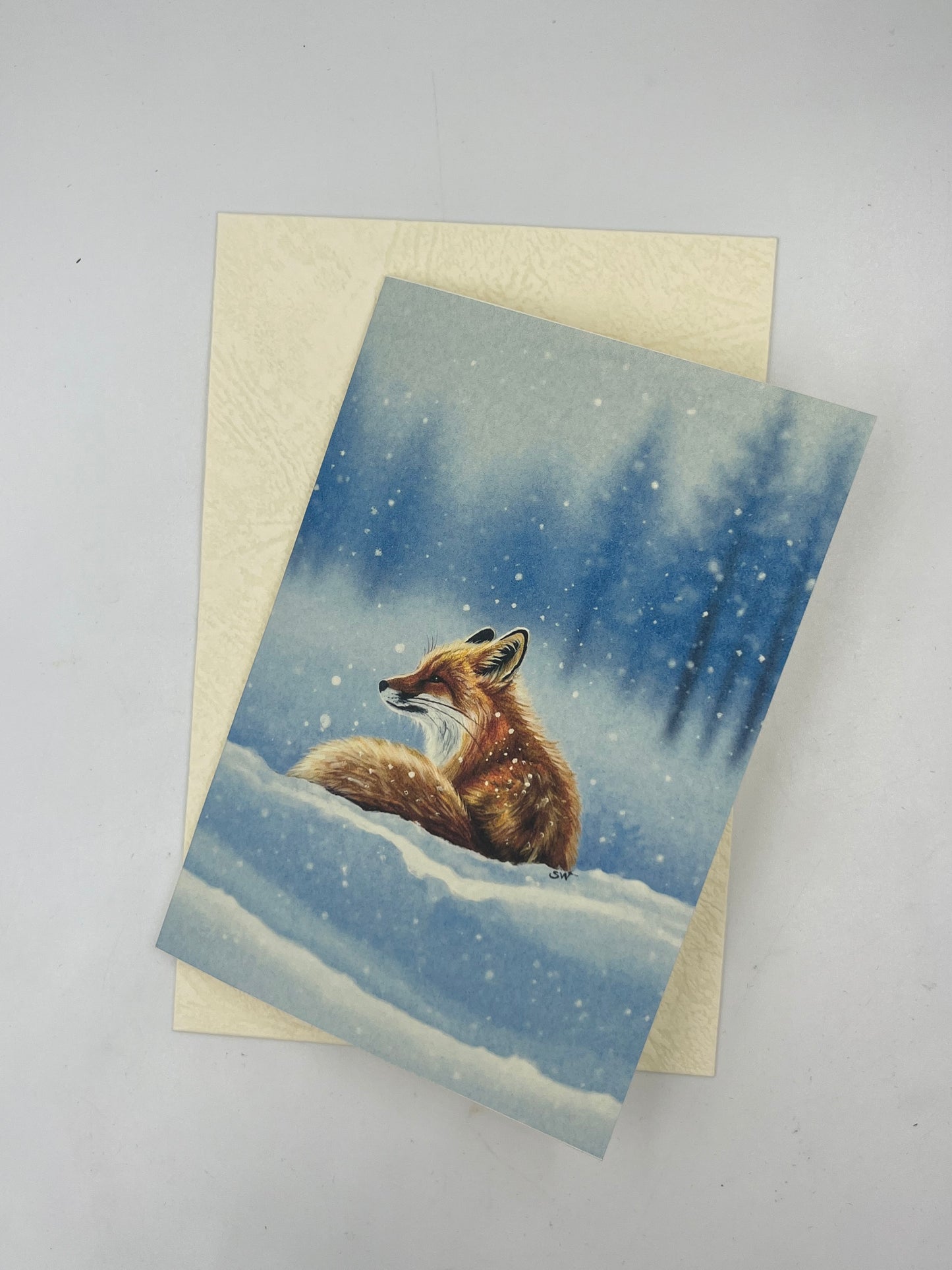 Grußkarte der Fuchs im Winter/ Papier(300g)/ Klappkarte Acryl Malerei Print