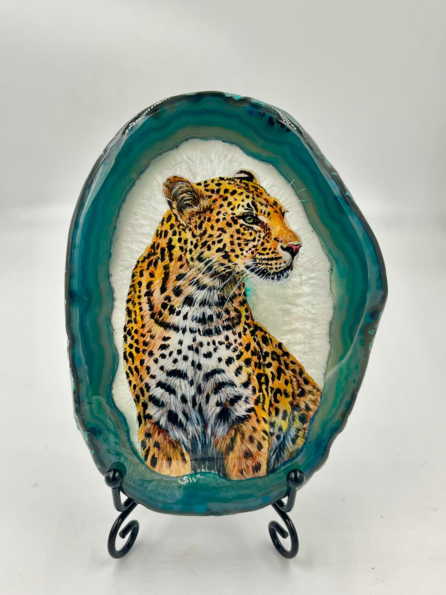 Einzigartige bemalt Achatscheibe/Der Leopard/Hand bemalt /Deko/Tierpotrait/ink.Metallständer
