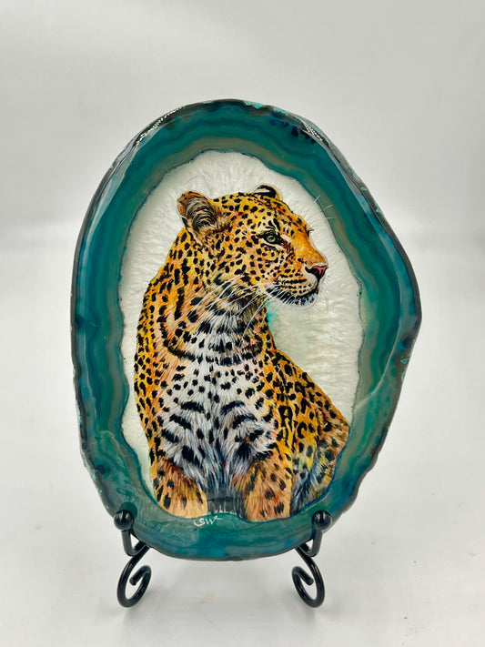 Einzigartige bemalt Achatscheibe/Der Leopard/Hand bemalt /Deko/Tierpotrait/ink.Metallständer