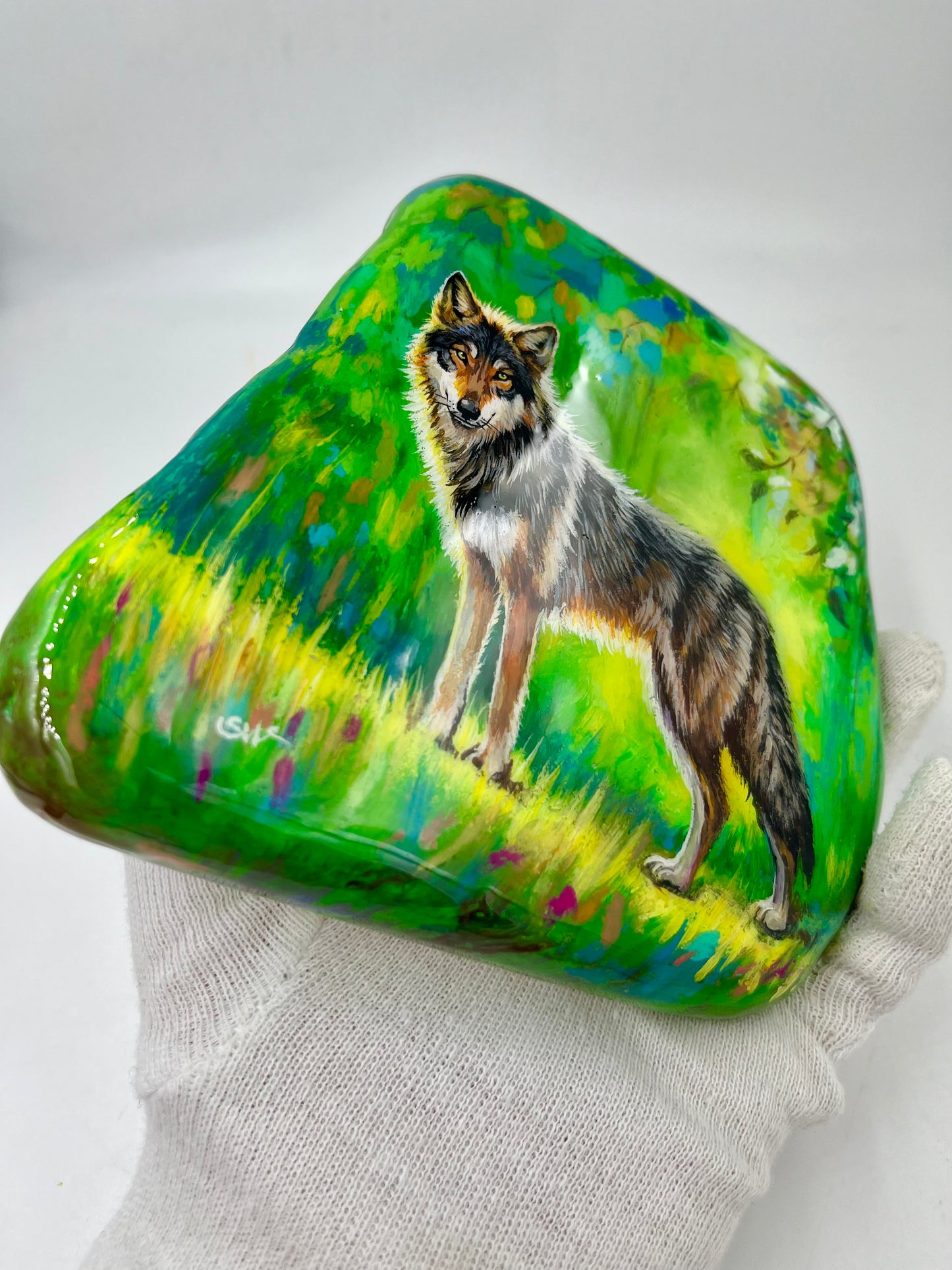 Einzigartig handbemalte Stein/der Wolf /inklusive Tischstaffelei