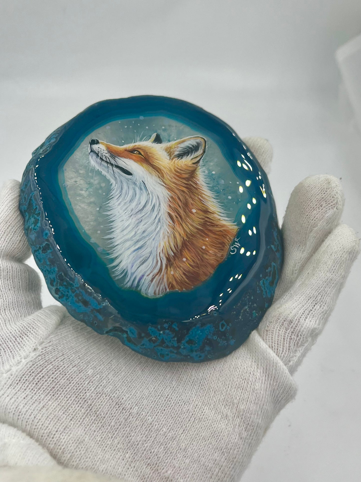 Einzigartige bemalt Achatscheibe/Der Fuchs /Hand bemalt /Deko/Tierpotrait/ink.Metallständer