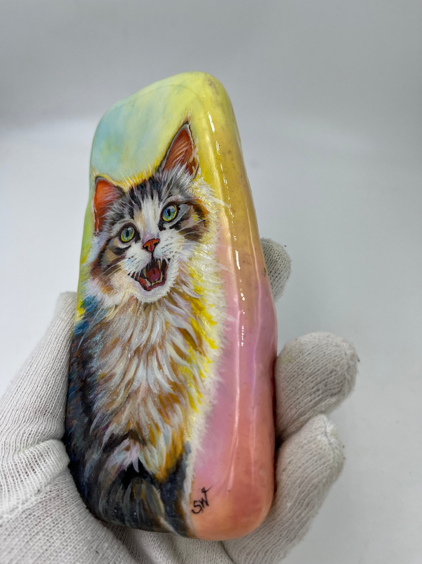 Einzigartig handbemalte Stein/die Katze/inklusive Tischstaffelei