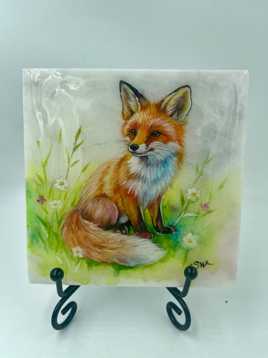 Einzigartig handbemalte Stein-der Fuchs /inklusive Tischstaffelei 10x10cm