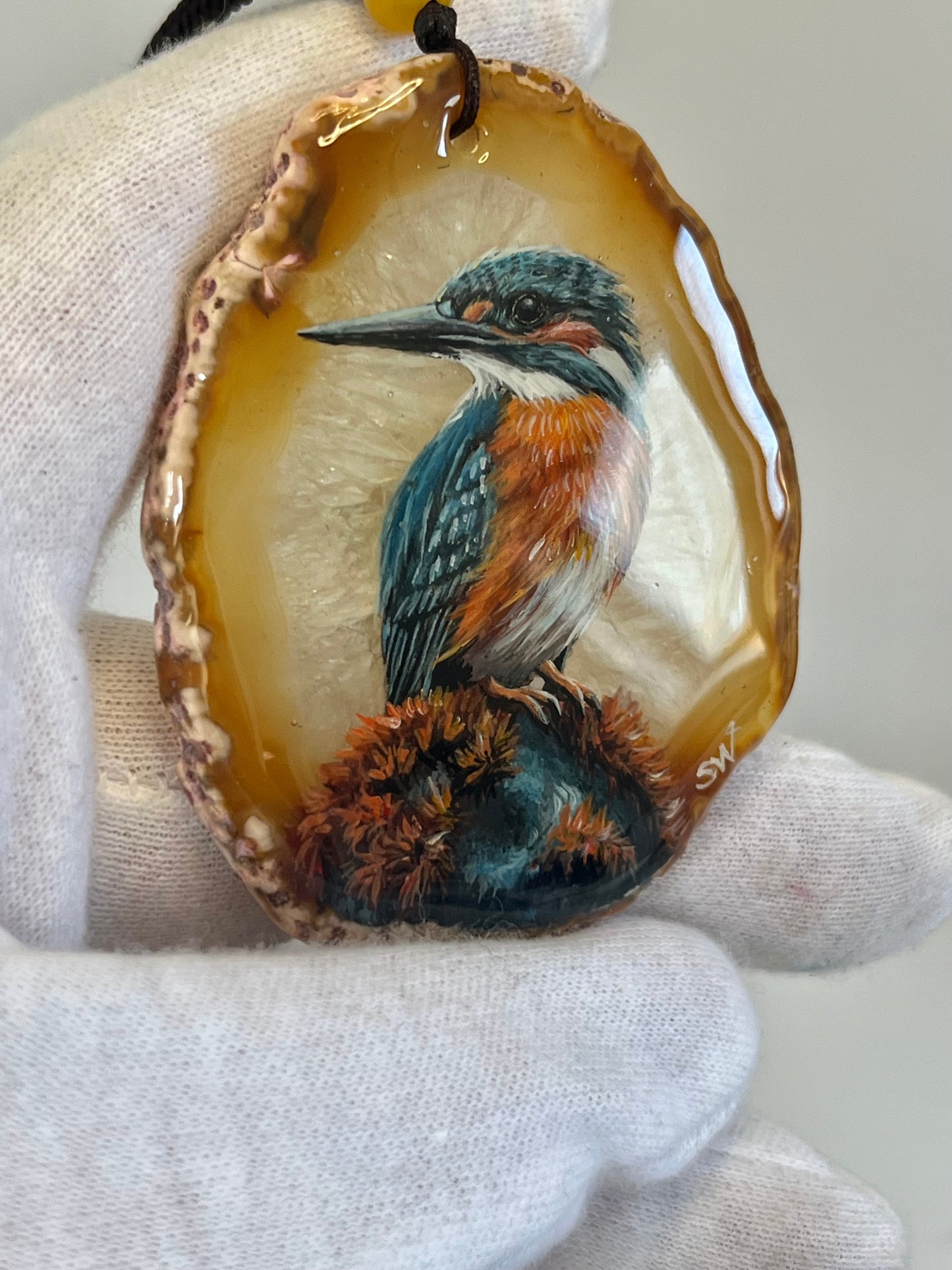 Einzigartige Anhänger /Der Eisvogel/Achat/Hand bemalt Juwelen und tragbare Kunst /Natur Schmuck
