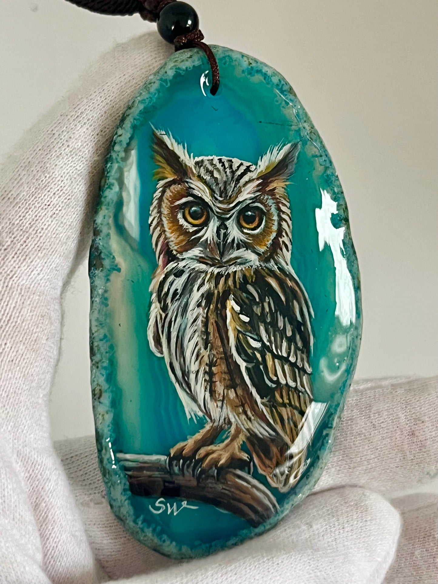 Einzigartige Anhänger /Der Eule /Achat/Hand bemalt Juwelen und tragbare Kunst /Natur Schmuck