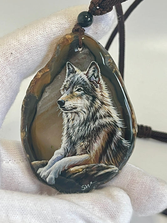 Einzigartige Anhänger /Der Wolf /Achat/Hand bemalt Juwelen und tragbare Kunst /Natur Schmuck