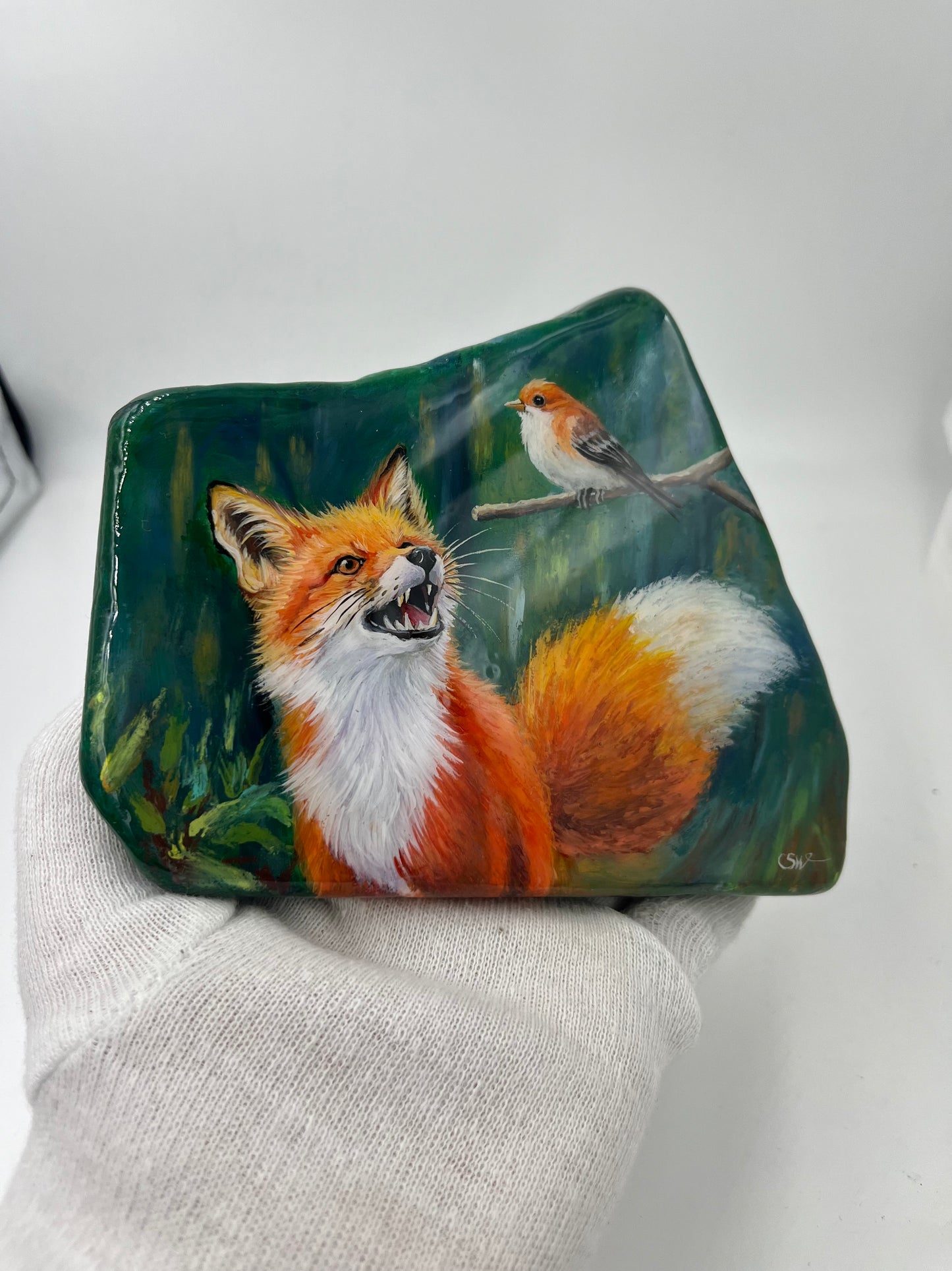 Einzigartig handbemalte Stein/der Fuchs und der Vogel /inklusive Tischstaffelei