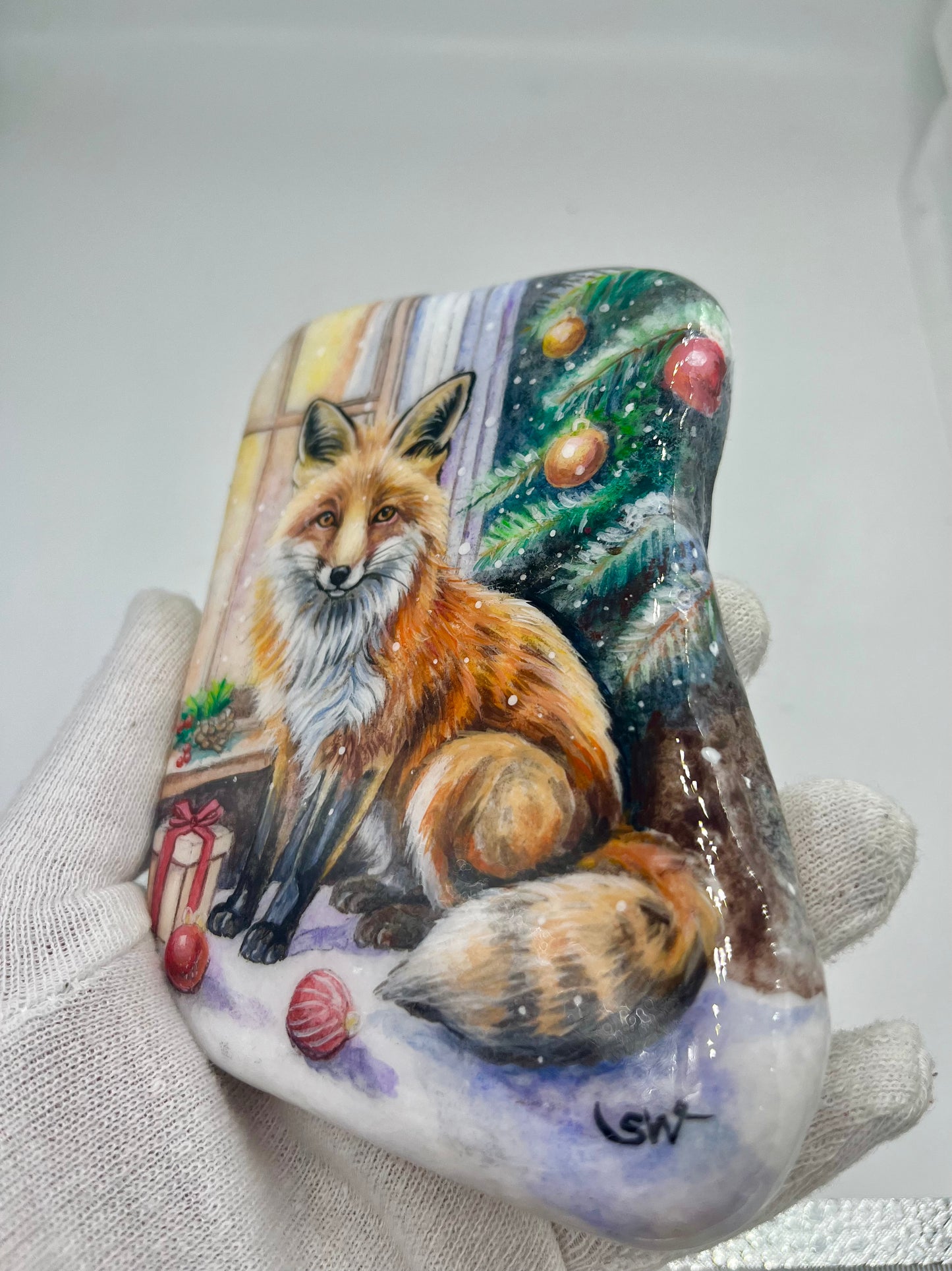 Weihnachtsgeschenken /Einzigartig handbemalte Stein-der Fuchs kommt/inklusive Tischstaffelei