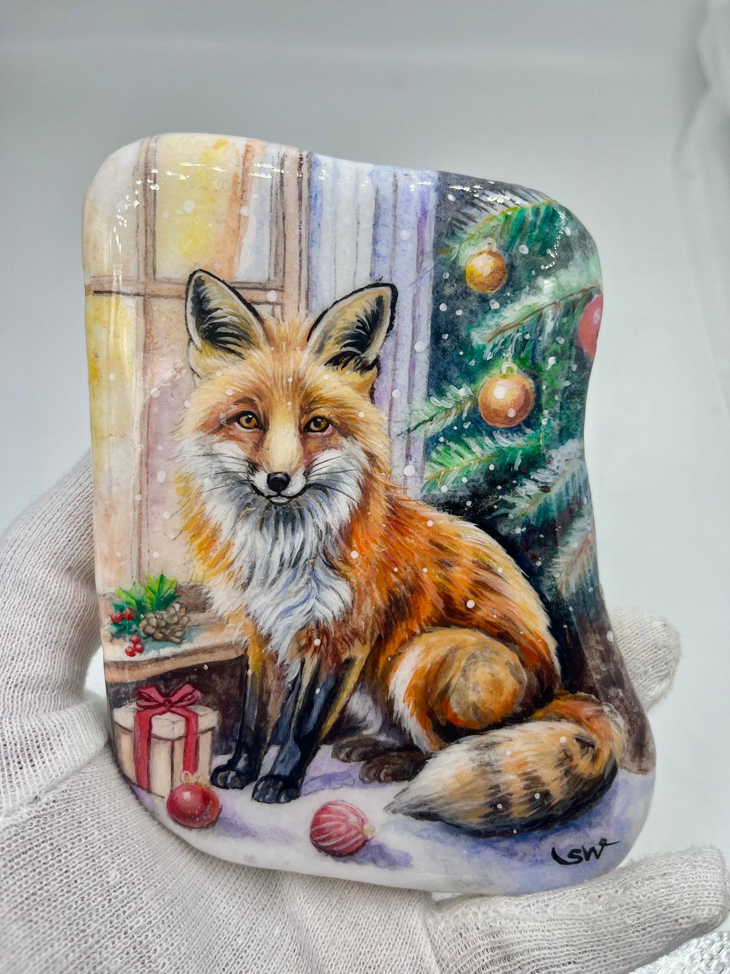 Weihnachtsgeschenken /Einzigartig handbemalte Stein-der Fuchs kommt/inklusive Tischstaffelei