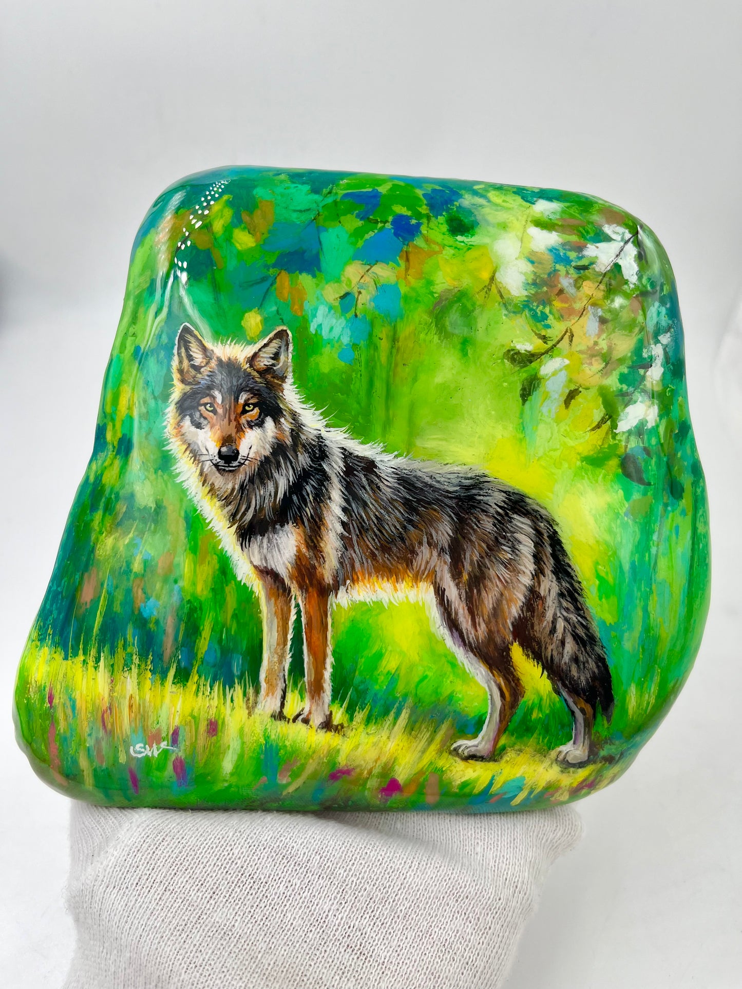 Einzigartig handbemalte Stein/der Wolf /inklusive Tischstaffelei