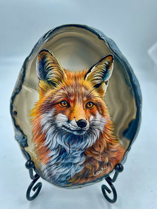 Einzigartige bemalt Achatscheibe/Der Fuchs /Hand bemalt /Deko/Tierpotrait/ink.Metallständer