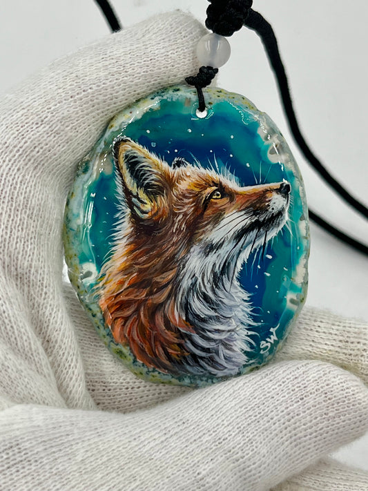 Einzigartige Anhänger /Der Fuchs /Achat/Hand bemalt Juwelen und tragbare Kunst /Natur Schmuck