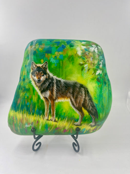 Einzigartig handbemalte Stein/der Wolf /inklusive Tischstaffelei