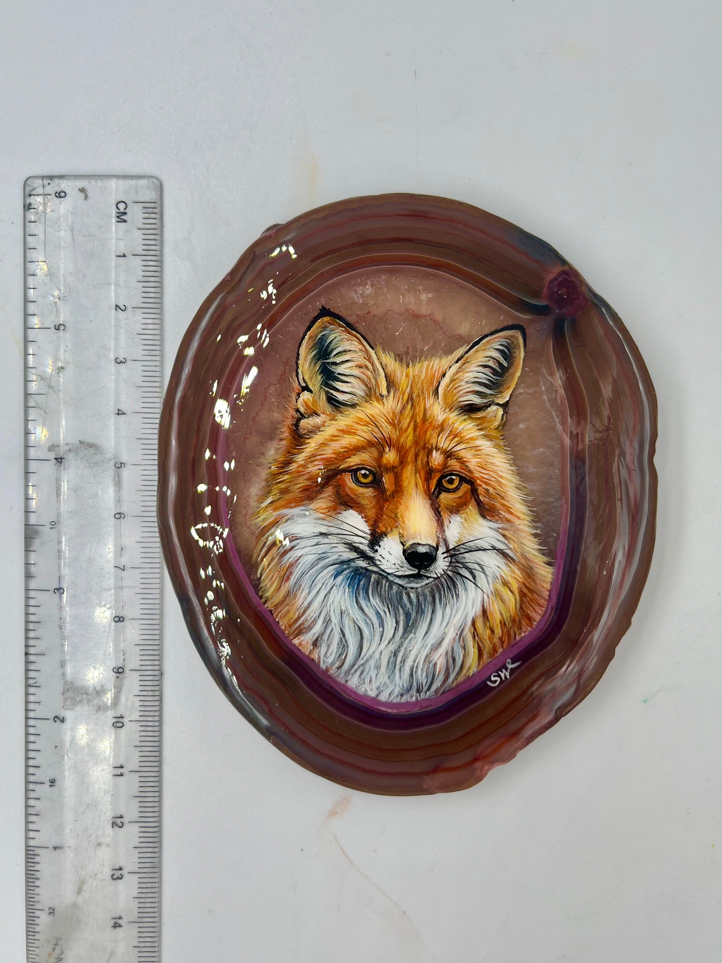 Einzigartige bemalt Achatscheibe/der Fuchs/Hand bemalt /Deko/Tierpotrait/ink.Metallständer