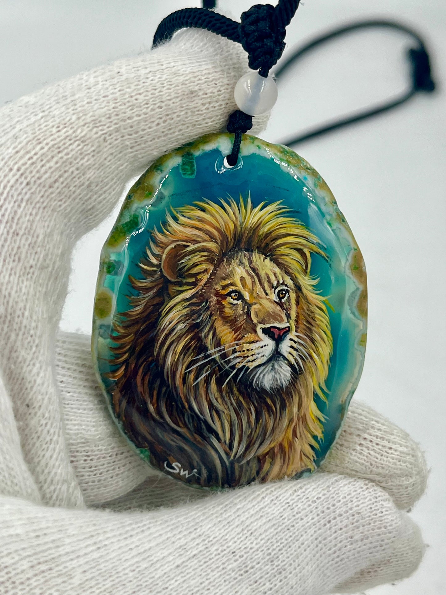 Einzigartige Anhänger /Der Löwe/Achat/Hand bemalt Juwelen und tragbare Kunst /Natur Schmuck
