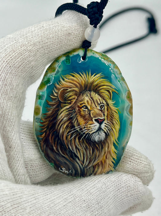 Einzigartige Anhänger /Der Löwe/Achat/Hand bemalt Juwelen und tragbare Kunst /Natur Schmuck