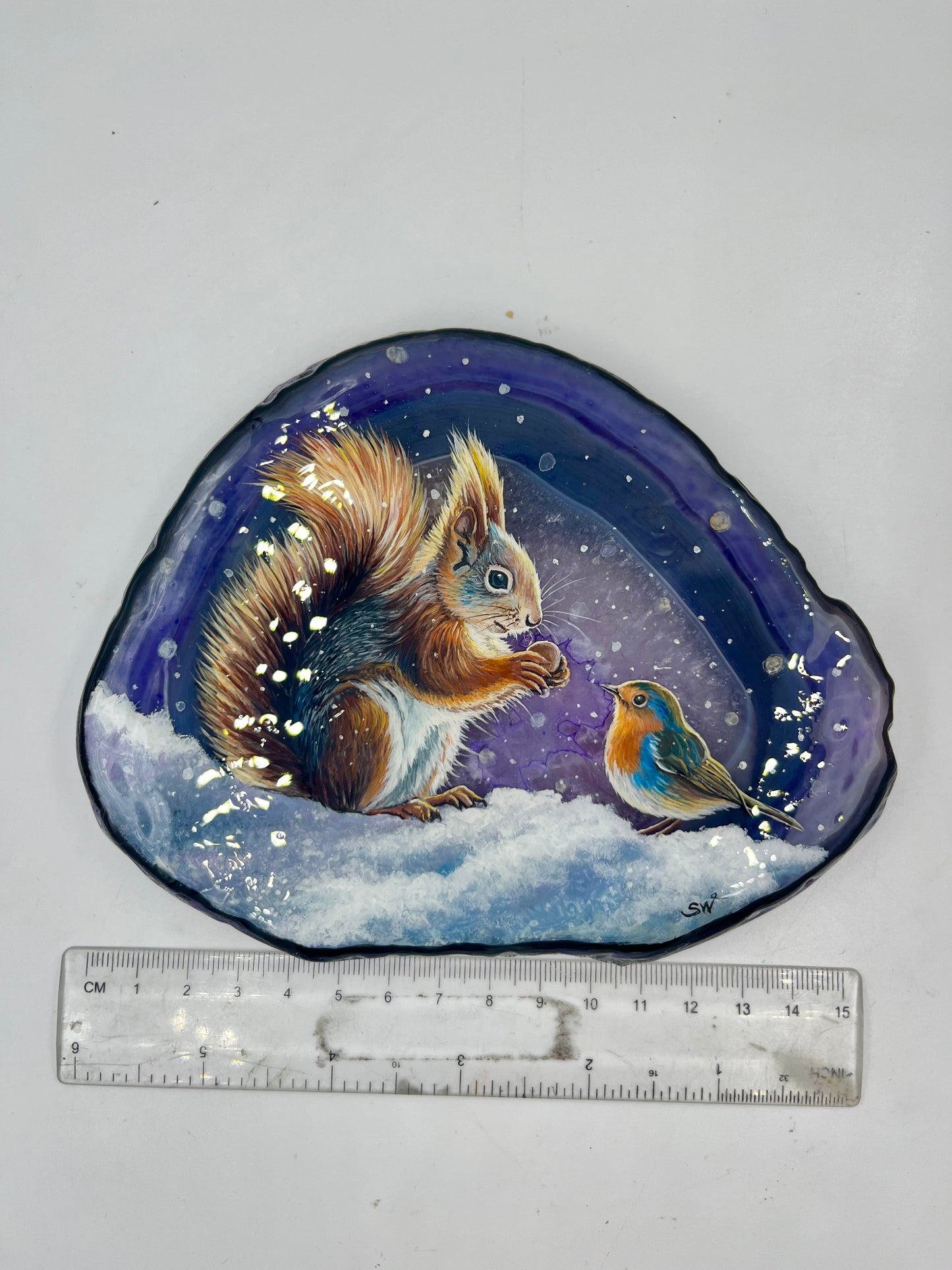 Einzigartige bemalt Achatscheibe/das Eichhörnchen und der Vogel/Hand bemalt /Deko/Tierpotrait/ink.Metallständer