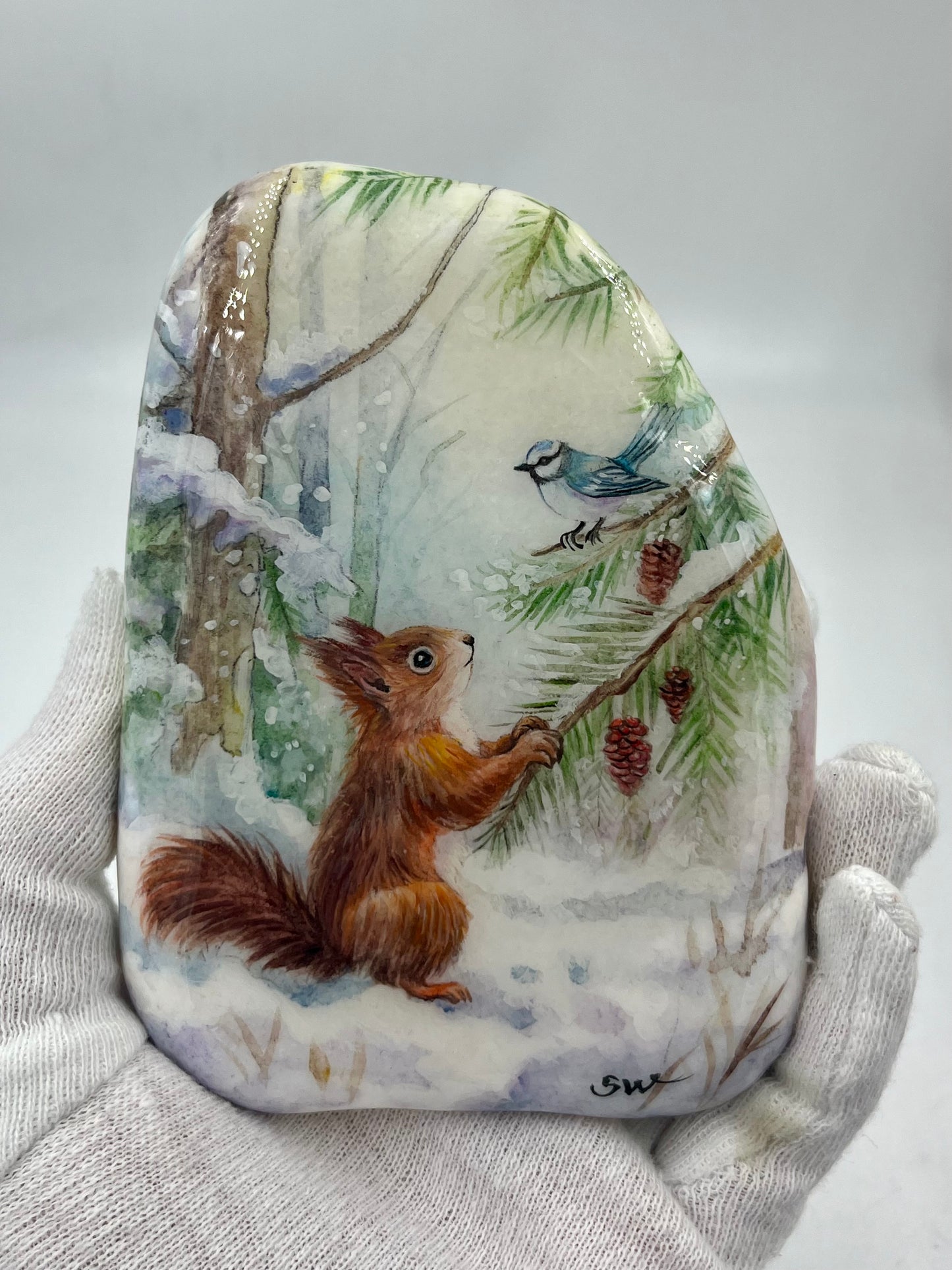 Einzigartig handbemalte Stein/Winterliche Szenerie /inklusive Tischstaffelei