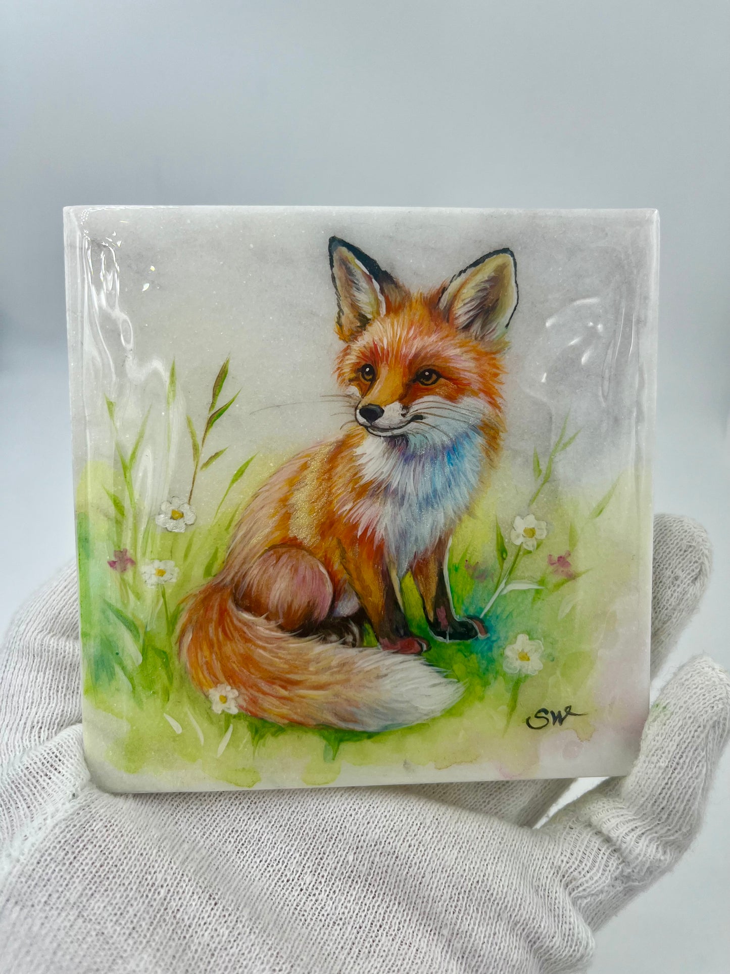 Einzigartig handbemalte Stein-der Fuchs /inklusive Tischstaffelei 10x10cm